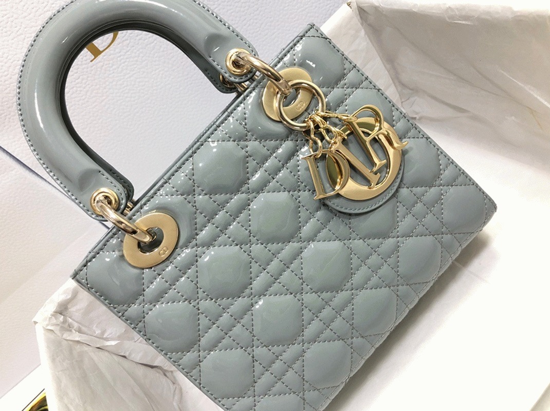 D10r Small Lady D10r Bag Replica in Grey Patent Cannage Calfskin
