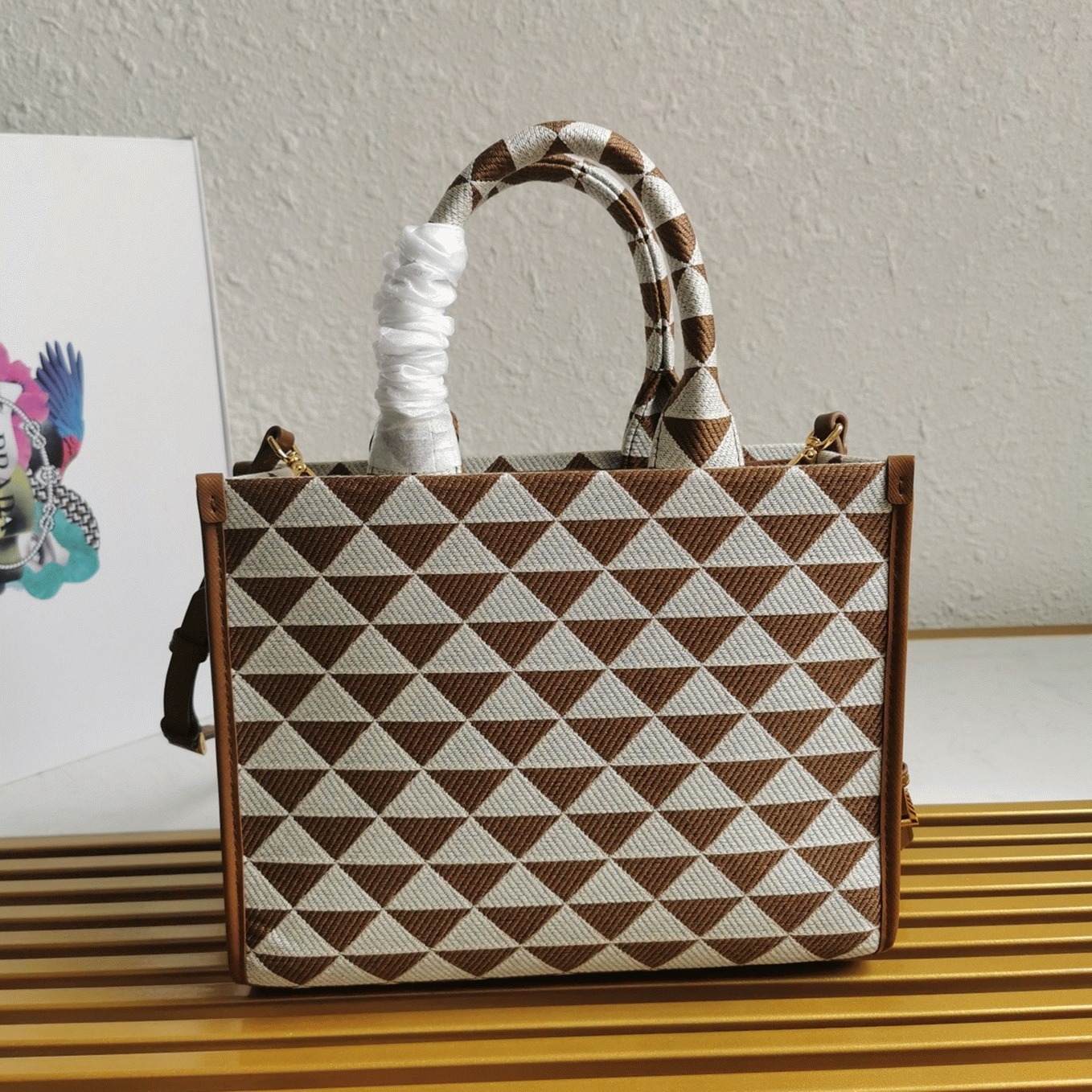 Pra*a Symbole Large Bag Replica in White/Brown Jacquard Fabric