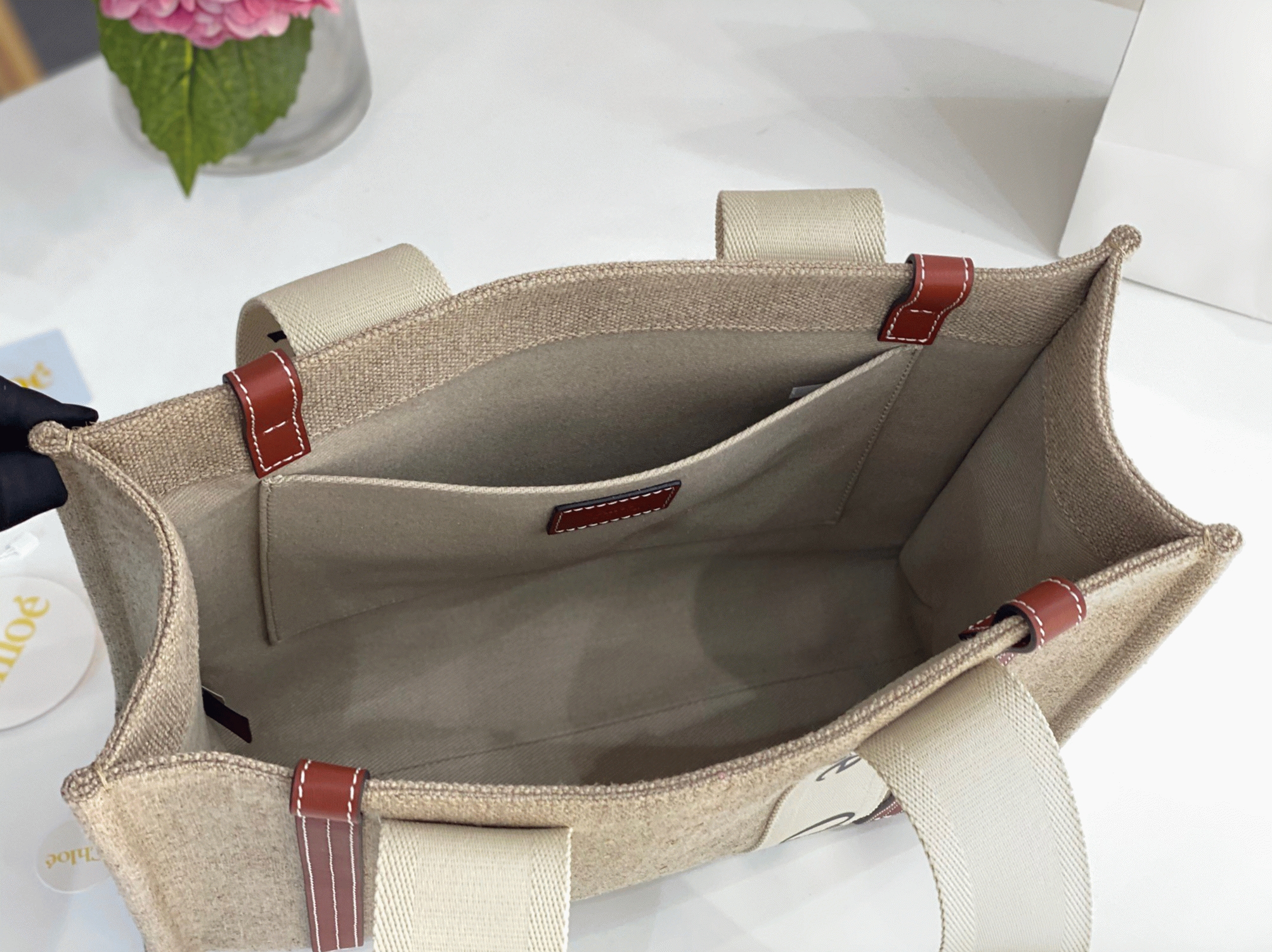 top quality knockoff Ch10e woody medium tote bag in linen canvas with brown leather