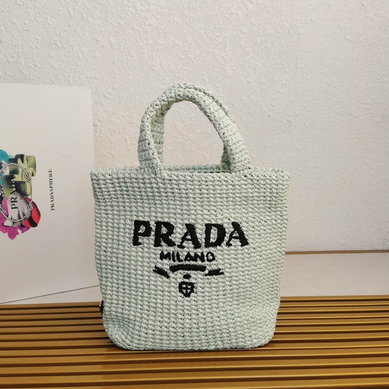 Pra*a Small Crochet Tote Bag Replica in Aqua Raffia-effect Yarn