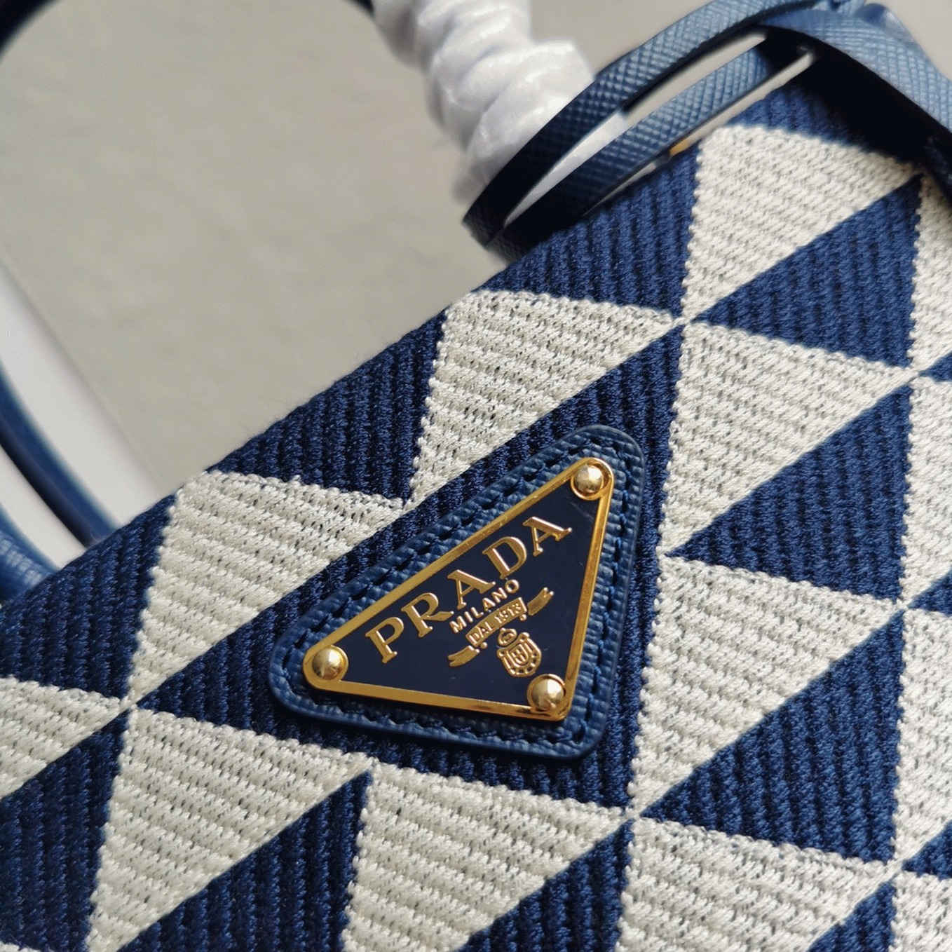Pra*a Symbole Micro Bag Replica in White/Blue Jacquard Fabric