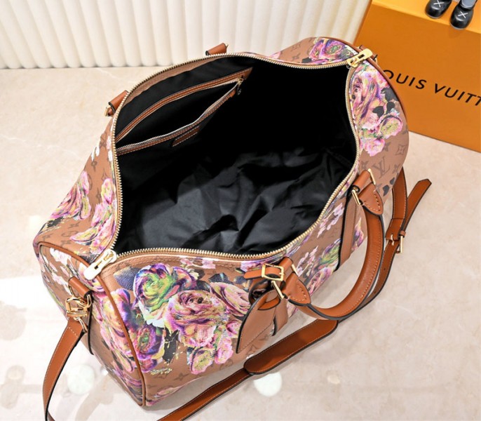 L0vis Vvtt0n Keepall Bandouliere 50 Travel Bag In Brown With Floral Pattern