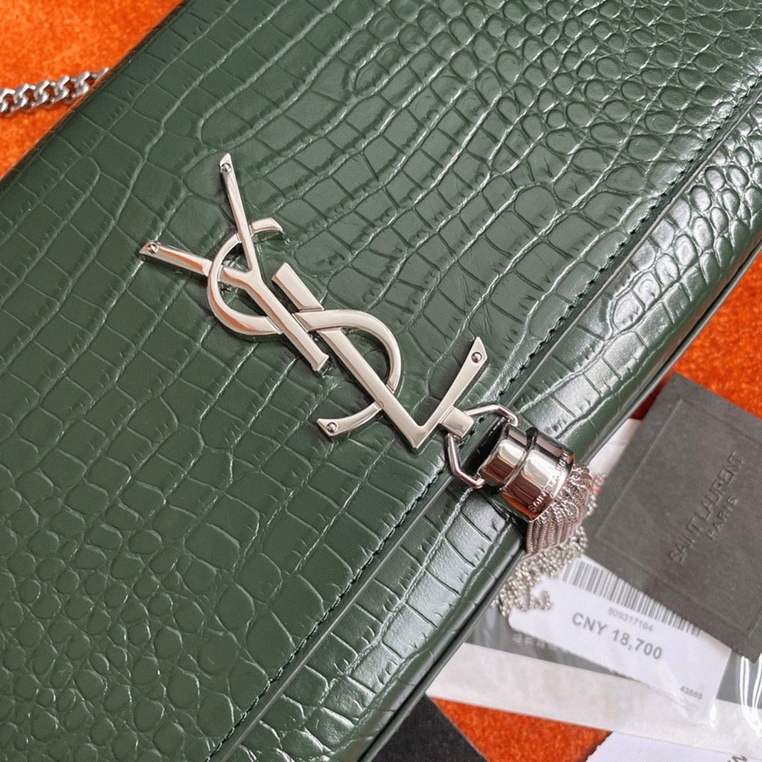 Replica Sa1nt Lau*nt Kate Medium Tassel Bag Green Crocodile-embossed Leather