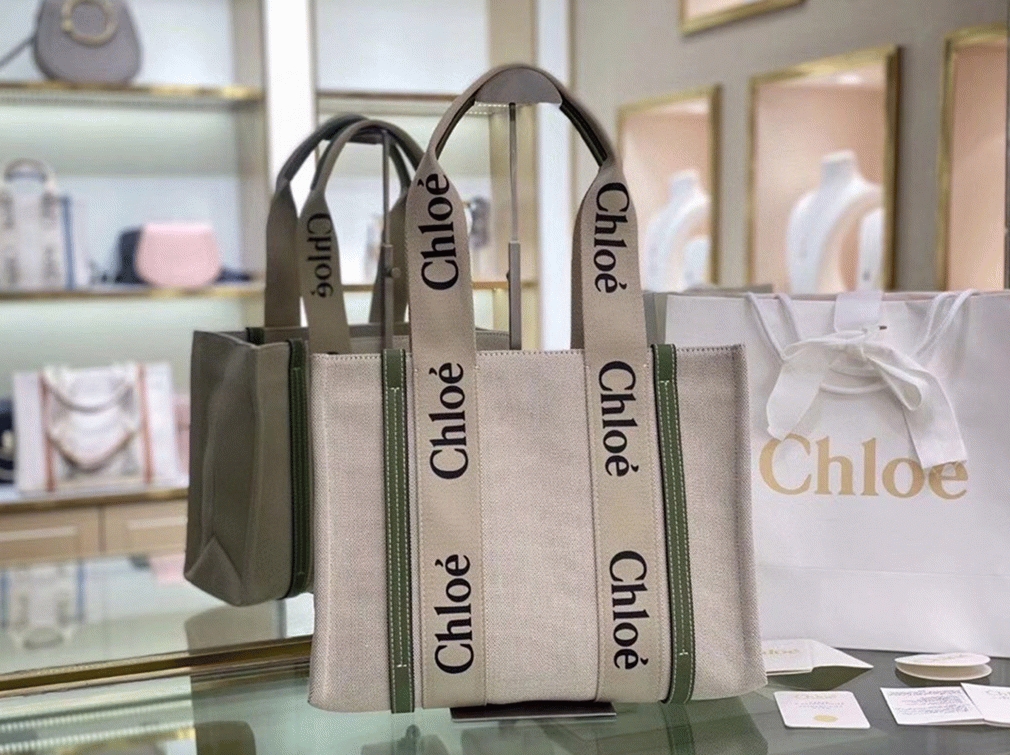 top quality fake Ch10e medium woody tote bag in canvas with green leather strips