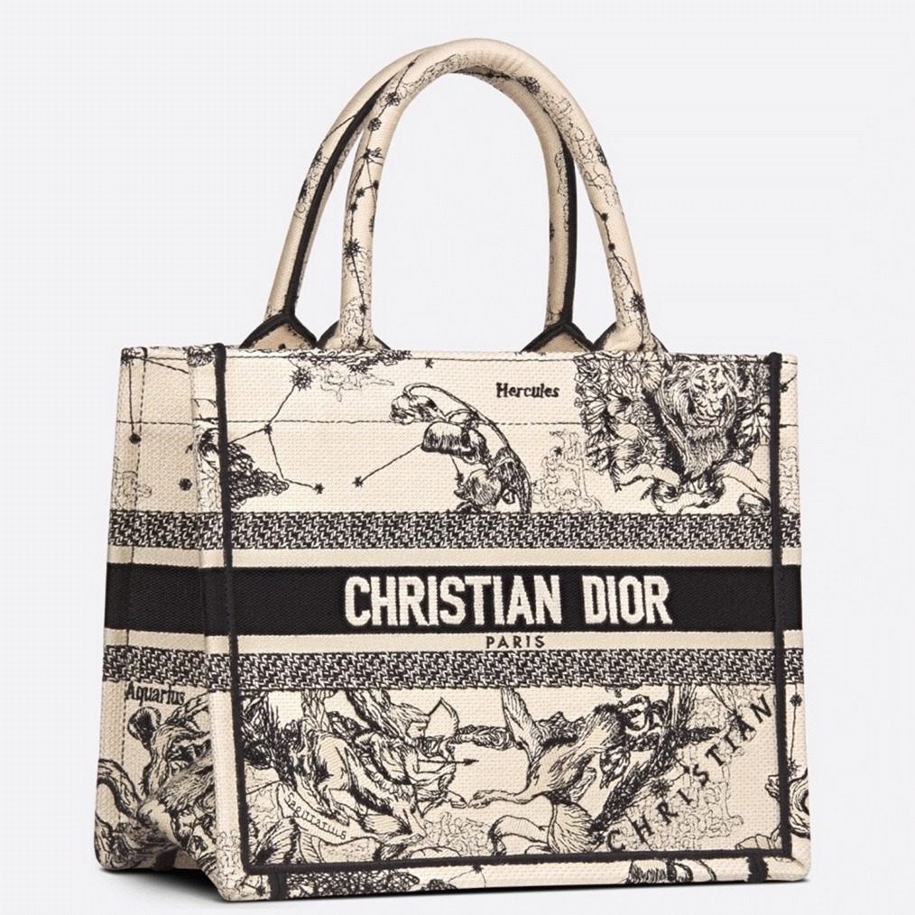 D10r Small Book Tote Bag Faux in White Toile de Jouy Zodiac Embroidery