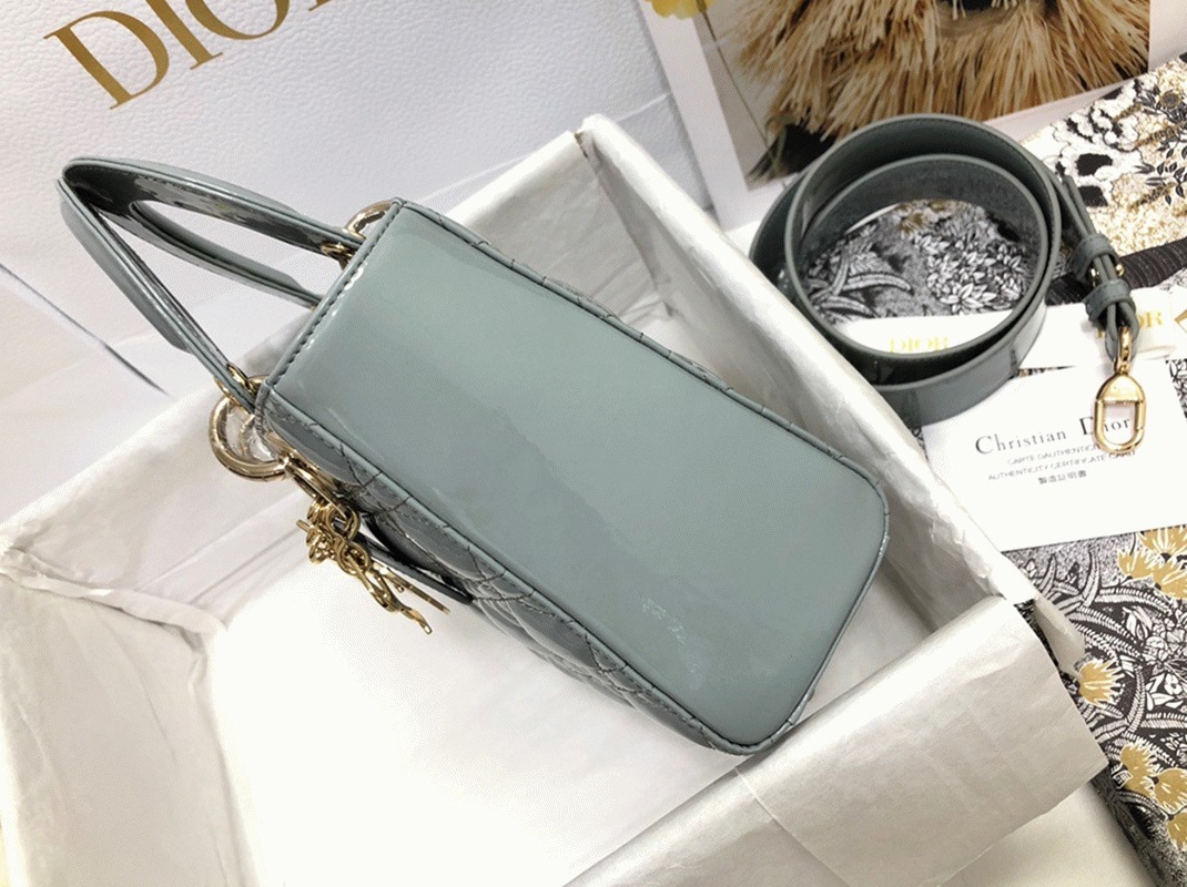 D10r Small Lady D10r Bag Replica in Grey Patent Cannage Calfskin