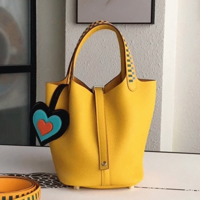 Yellow knockoff H**me5 Picotin Lock 22cm handbag with braided handles