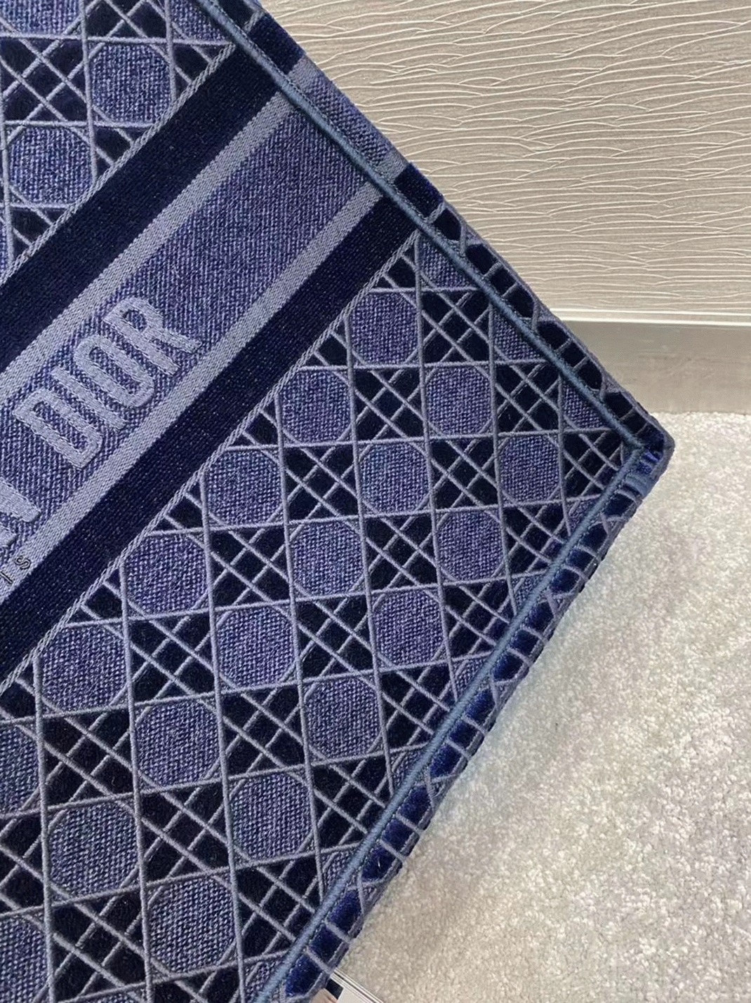 D10r Large Book Tote Bag Knockoff in Blue Cannage Embroidered Velvet