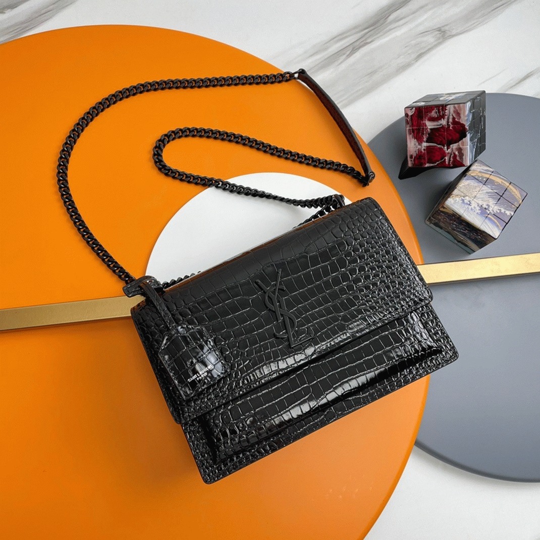 Fake Sa1nt Lau*nt Sunset Medium All Black Chain Bag Crocodile-embossed Leather
