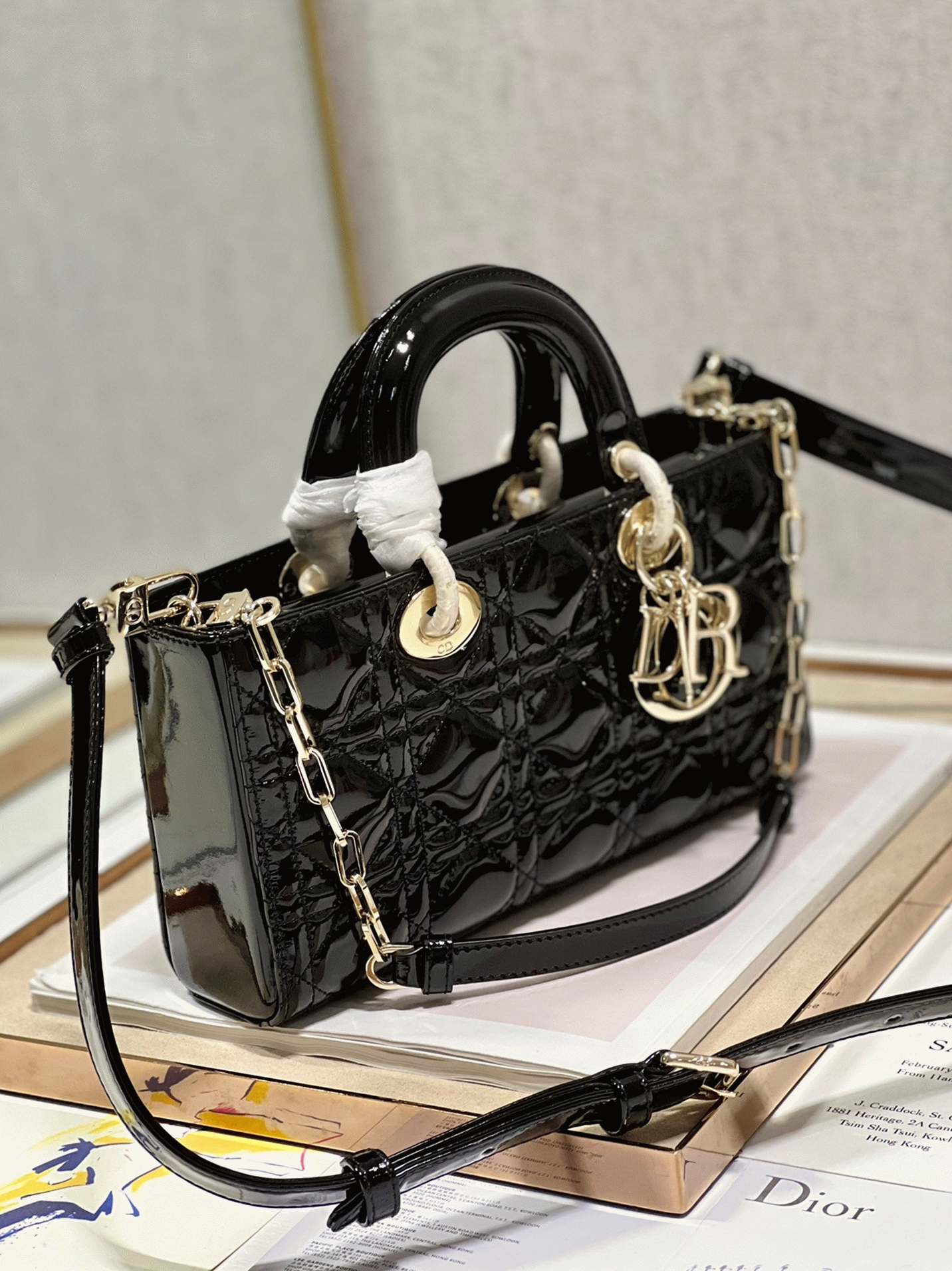 D10r Lady D-Joy Medium Bag Faux in Black Patent Cannage Calfskin