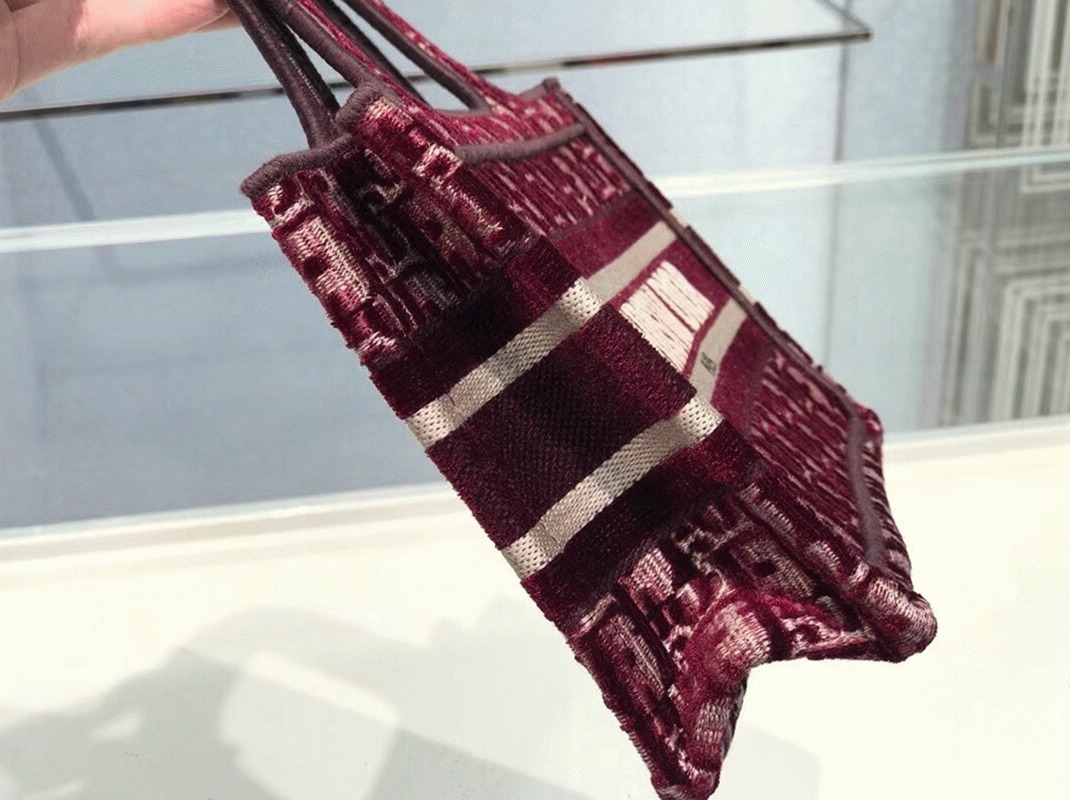 D10r Mini Book Tote Bag Replica in Bordeaux Velvet Oblique Embroidered