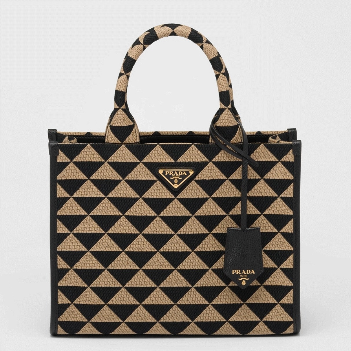 Pra*a Symbole Small Bag Replica in Black/Beige Jacquard Fabric