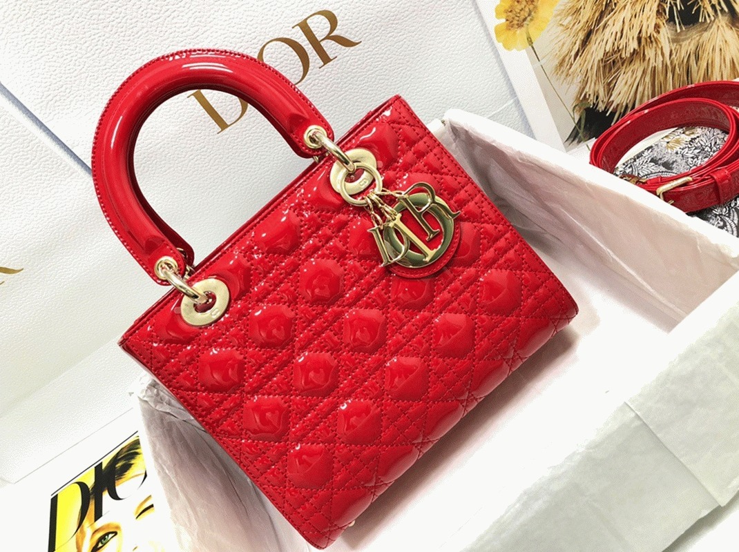 D10r Small Lady D10r Bag Replica in Red Patent Cannage Calfskin