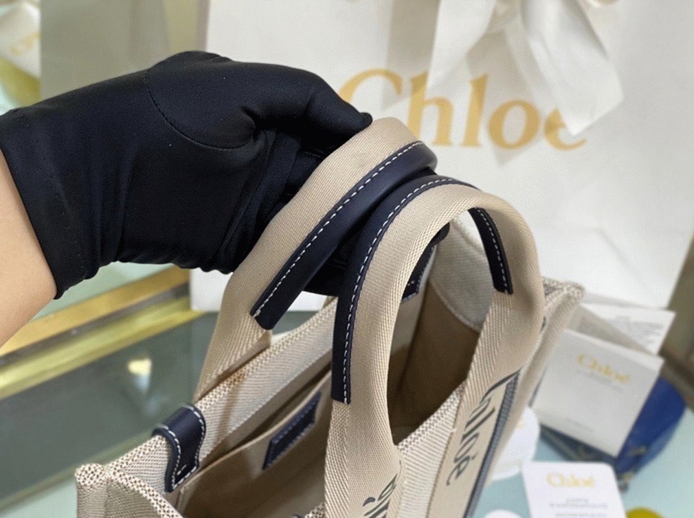 top quality fake Ch10e small woody tote bag in canvas with blue leather strips