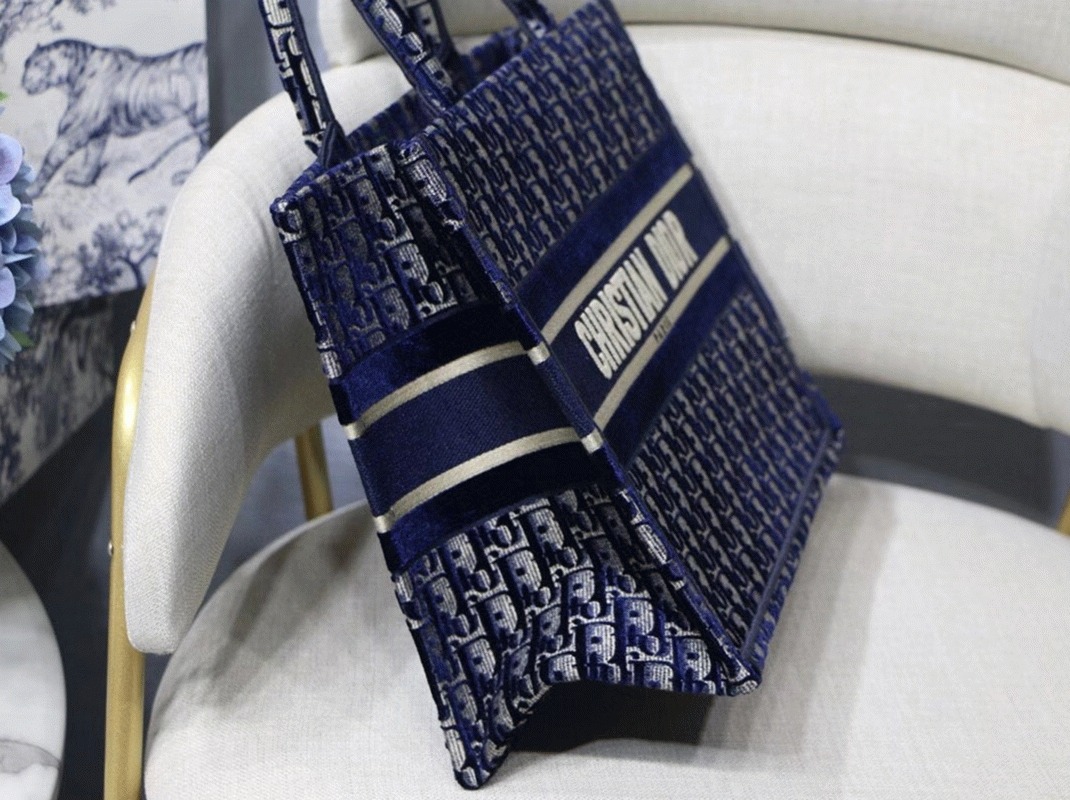 D10r Medium Book Tote Bag Knockoff in Blue Velvet Oblique Embroidered
