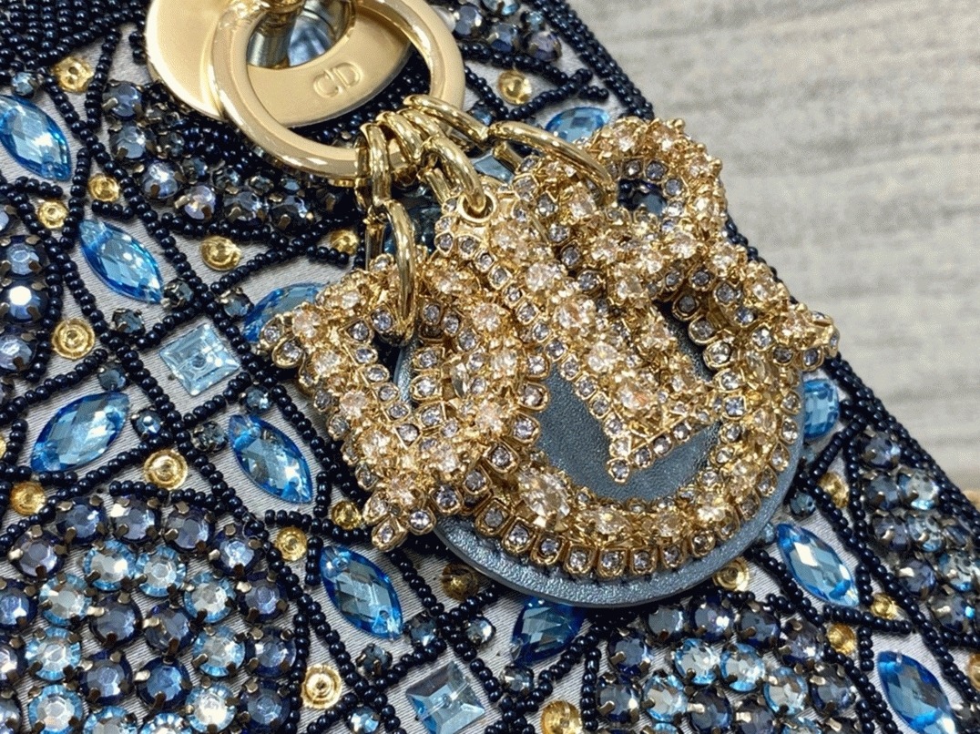 D10r Lady D10r Mini Chain Bag Replica in Satin with Blue Bead Embroidery