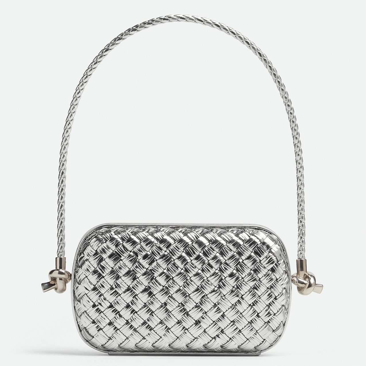 Fake B0tt*ga Ven*ta Knot Minaudiere On Strap Silver Intreccio Laminated Leather