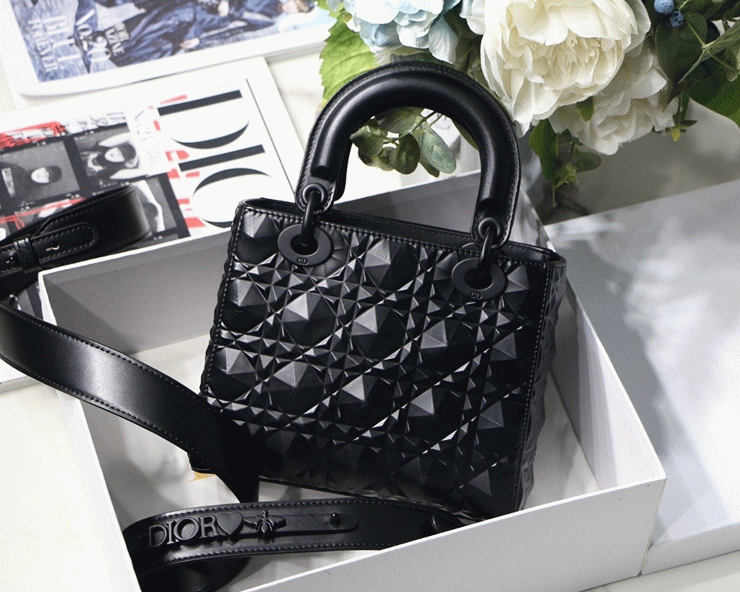 D10r Small Lady D10r My ABCD10r Bag Fake in Black Calfskin with D1am0nd Motif