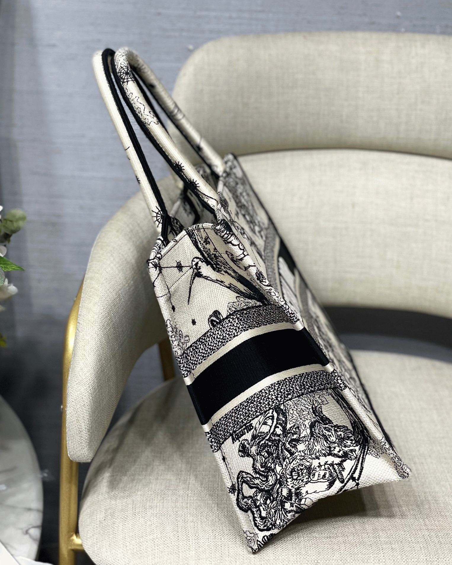D10r Large Book Tote Bag Replica in White Toile de Jouy Zodiac Embroidery