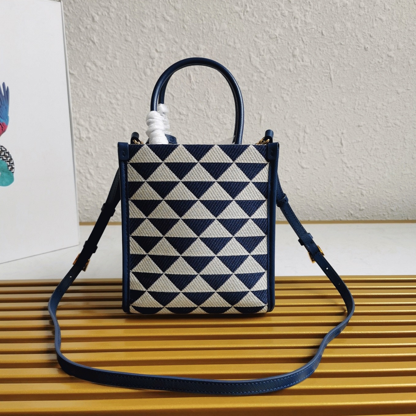 Pra*a Symbole Micro Bag Replica in White/Blue Jacquard Fabric