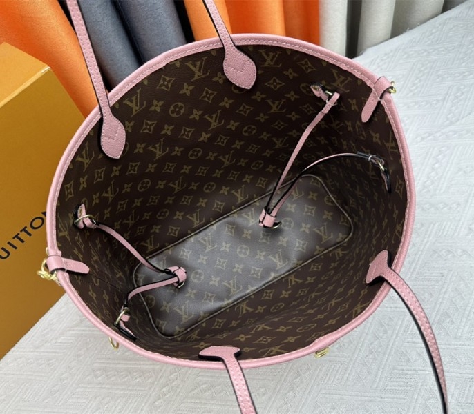 L0vis Vvtt0n Neverfull Bandouliere Inside Out MM Tote In Monogram Canvas And Peony Pink Textile And Leather