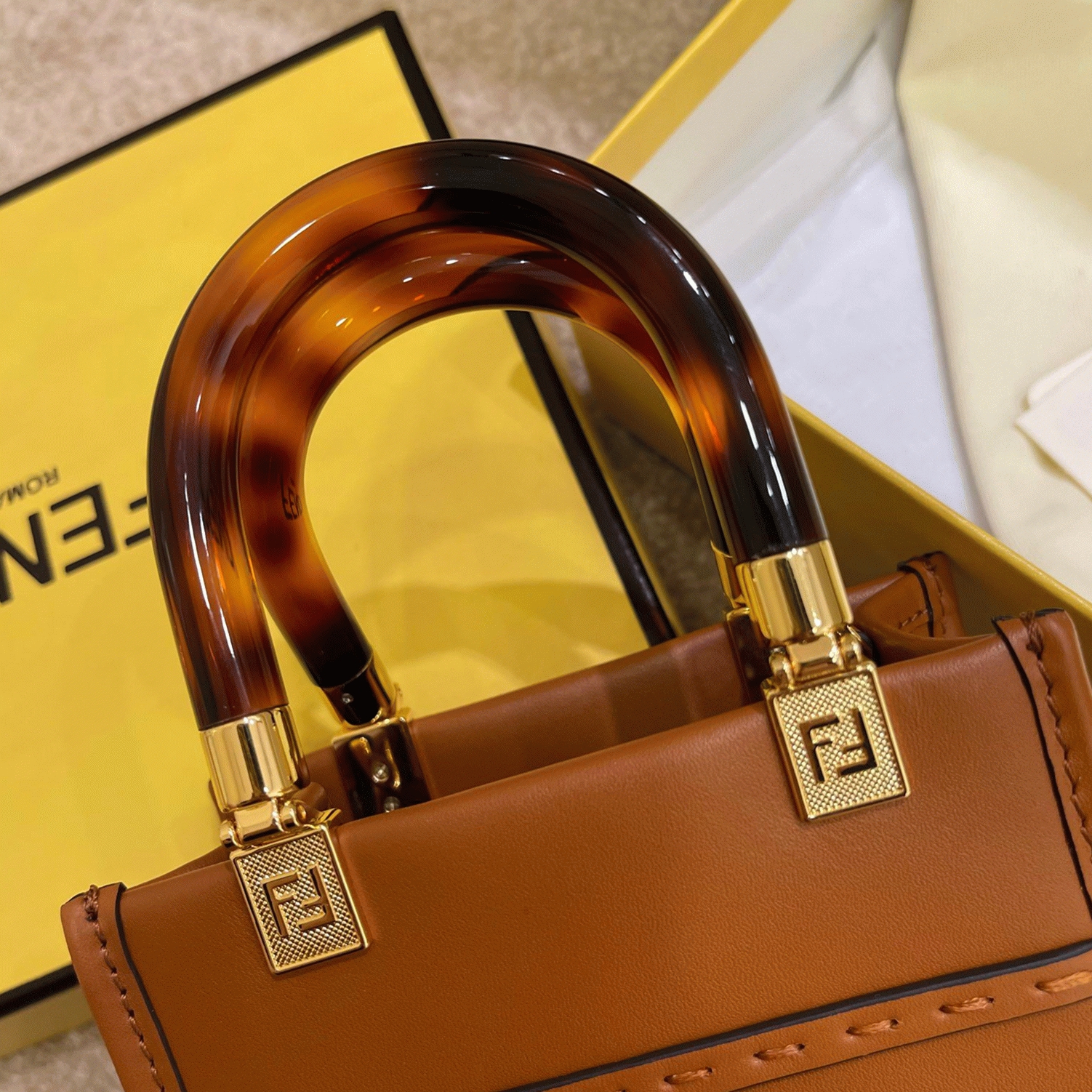 Top Quality Fake F**di Mini Sunshine Shopper Bag In Brown Leather