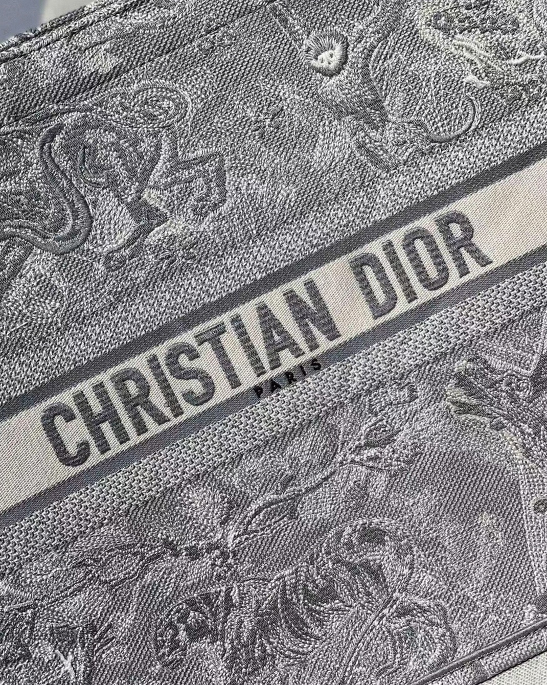 D10r Large Book Tote Bag Knockoff in Gray Toile de Jouy Reverse Embroidery