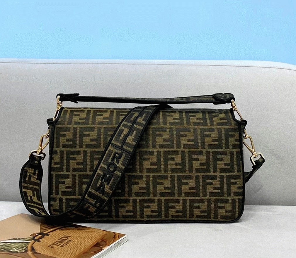 Top Quality Fake F**di Large Baguette Bag In Brown FF Jacquard Fabric