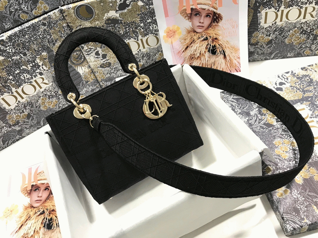 D10r Lady D-Lite Medium Bag Replica in Black Cannage Embroidered Canvas