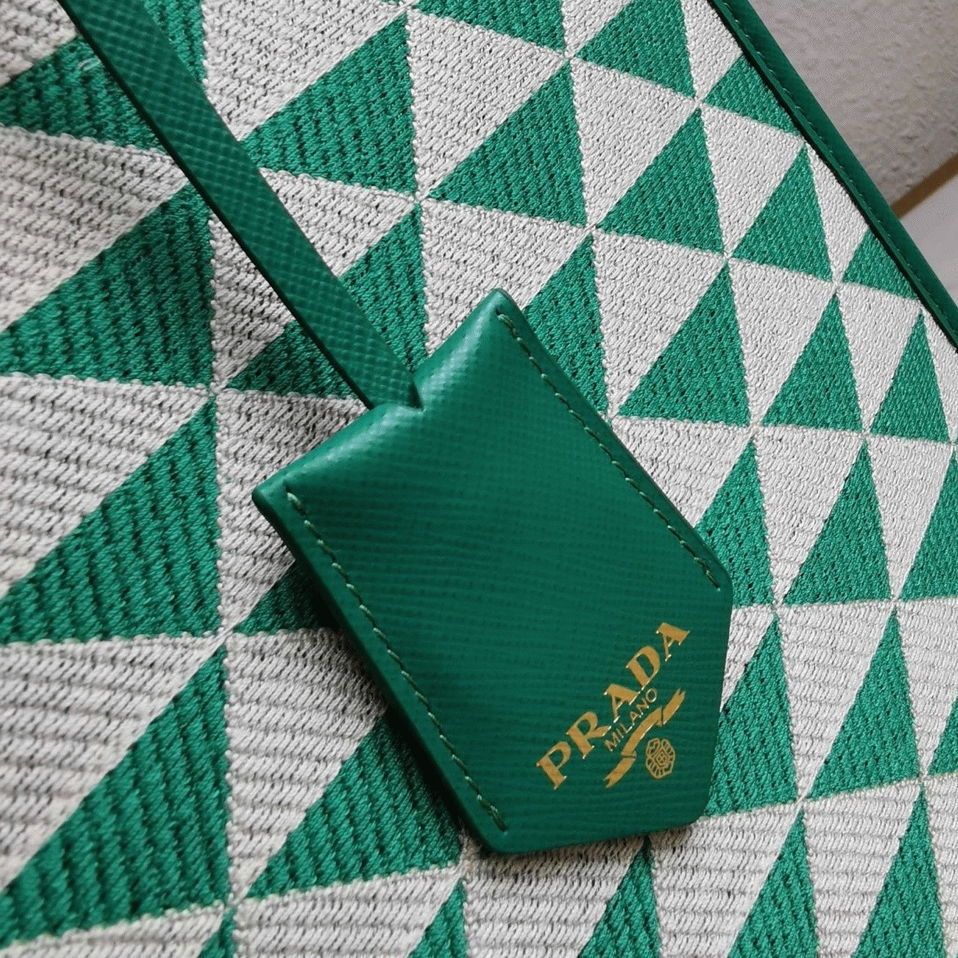 Pra*a Symbole Large Bag Fake in Green/White Jacquard Fabric