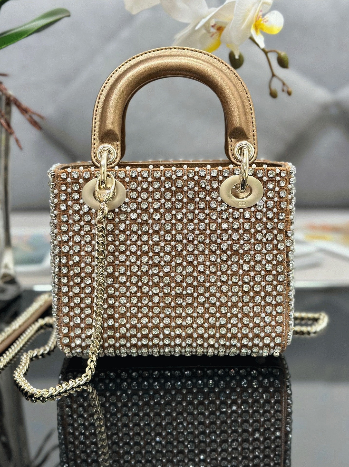 D10r Lady D10r Mini Chain Bag Replica in Square with Strass and Beads