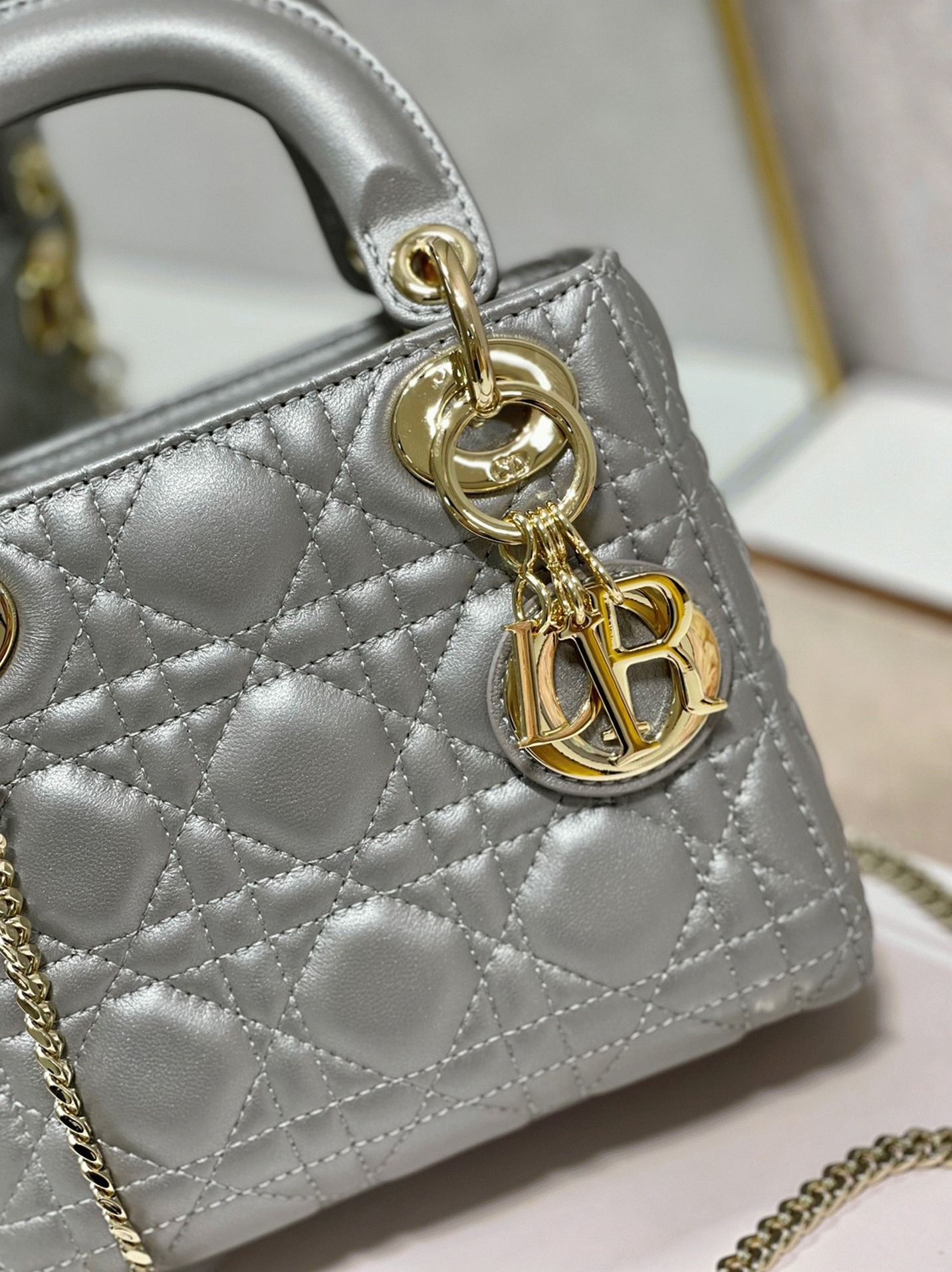 D10r Lady D10r Mini Chain Bag Replica in Grey Pearlescent Lambskin