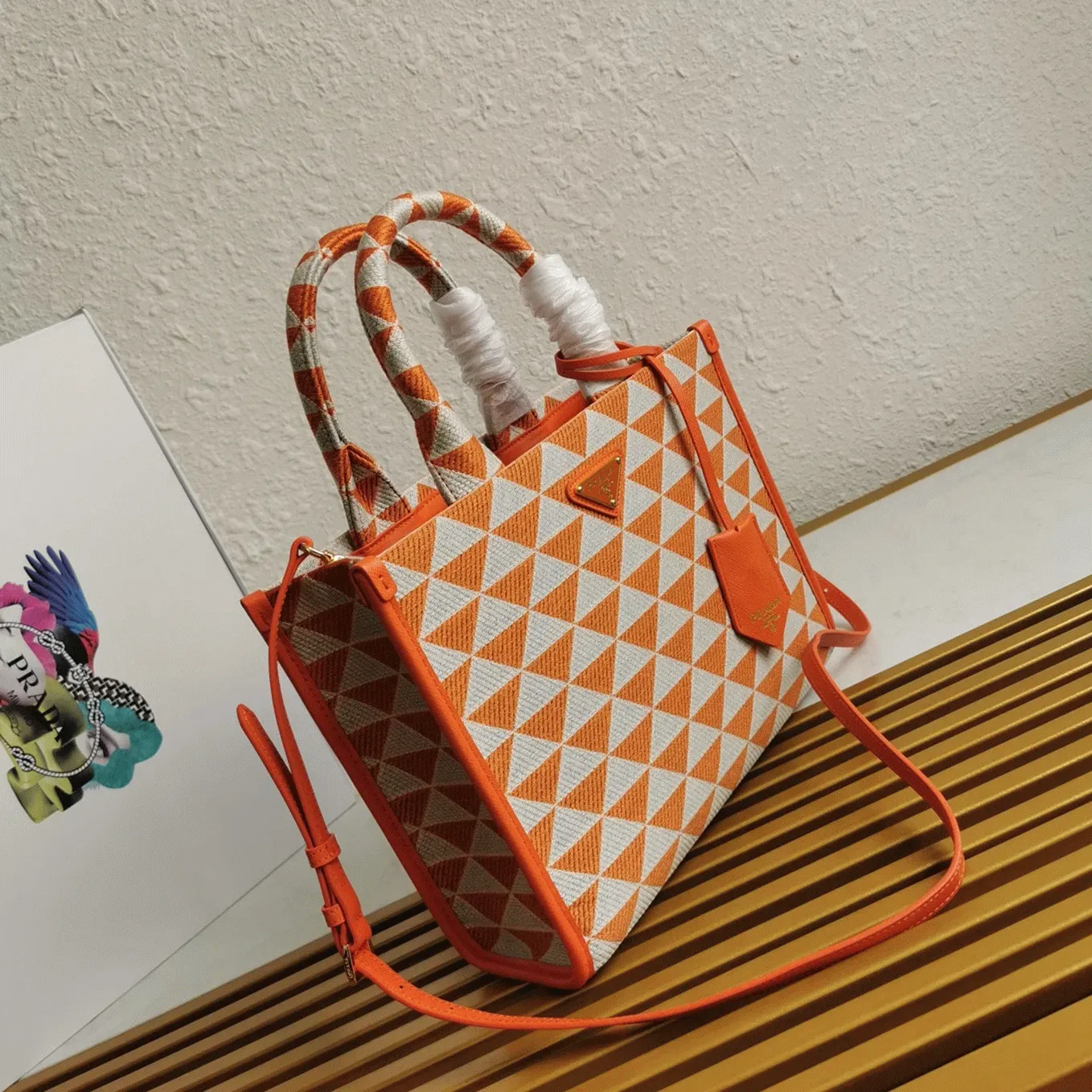 Pra*a Symbole Small Bag Fake in Orange/White Jacquard Fabric