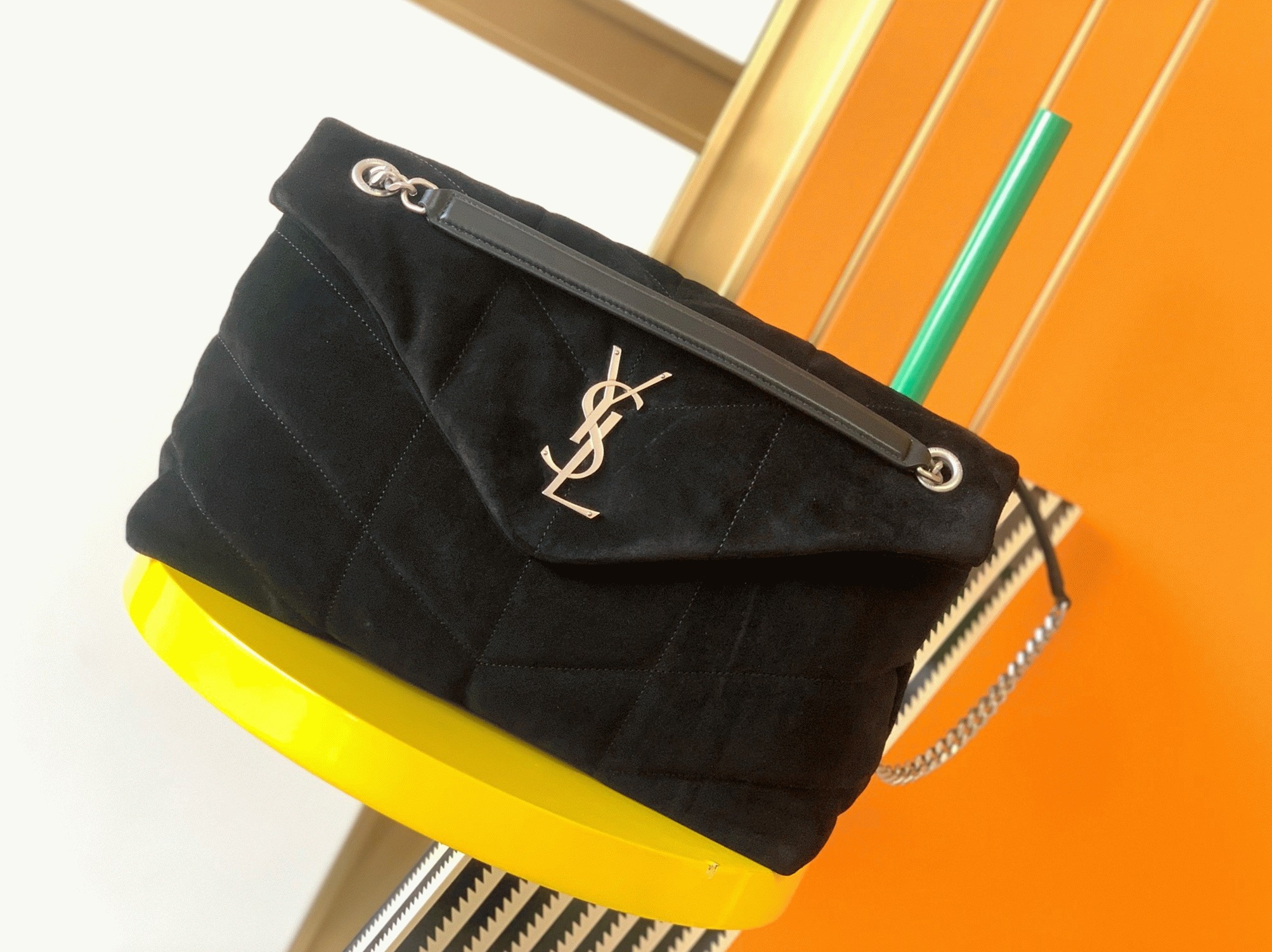 Sa1nt Lau*nt Puffer Medium Chain Bag Black Suede Calfskin