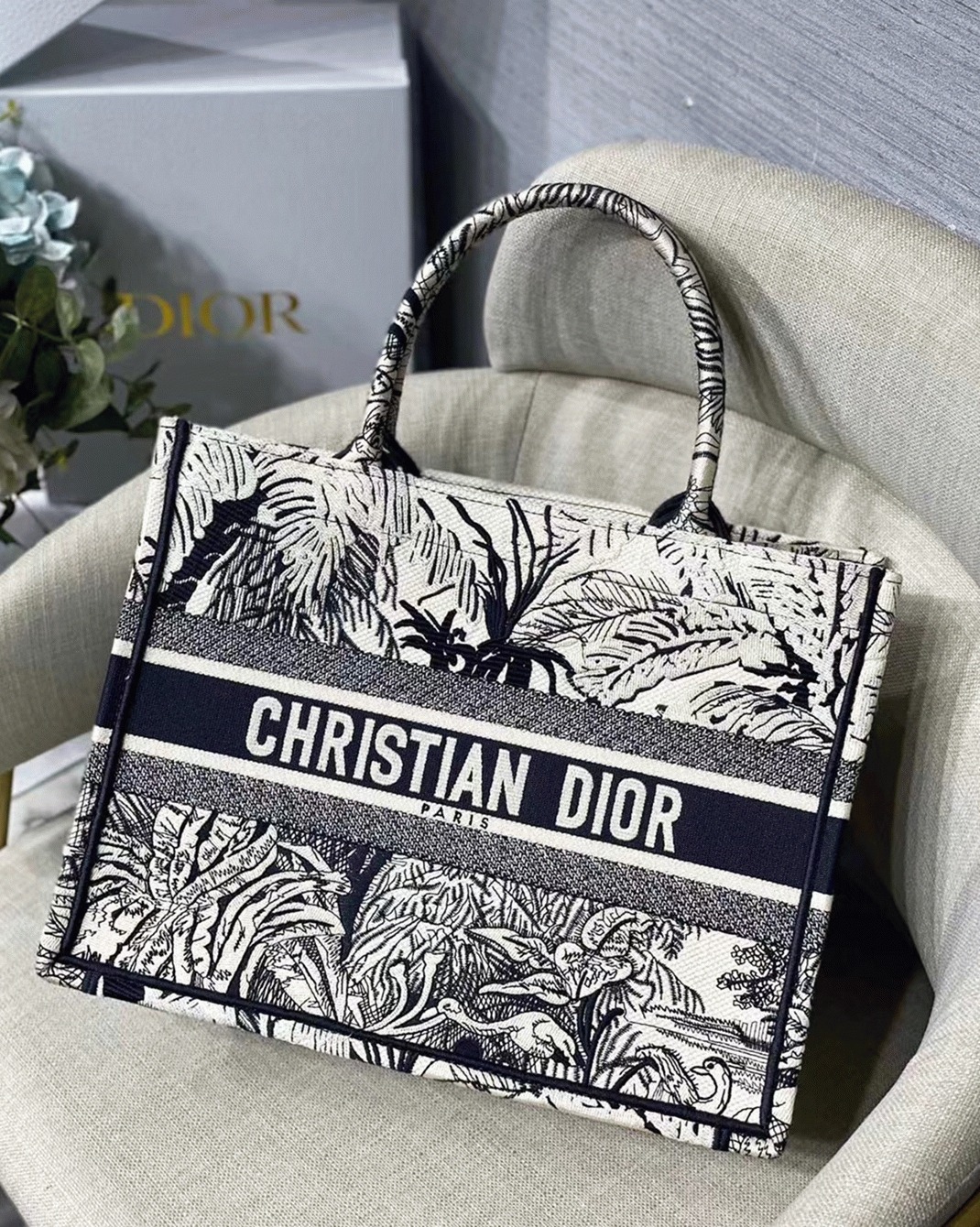D10r Medium Book Tote Bag Fake in Blue Toile de Jouy Palms Embroidery