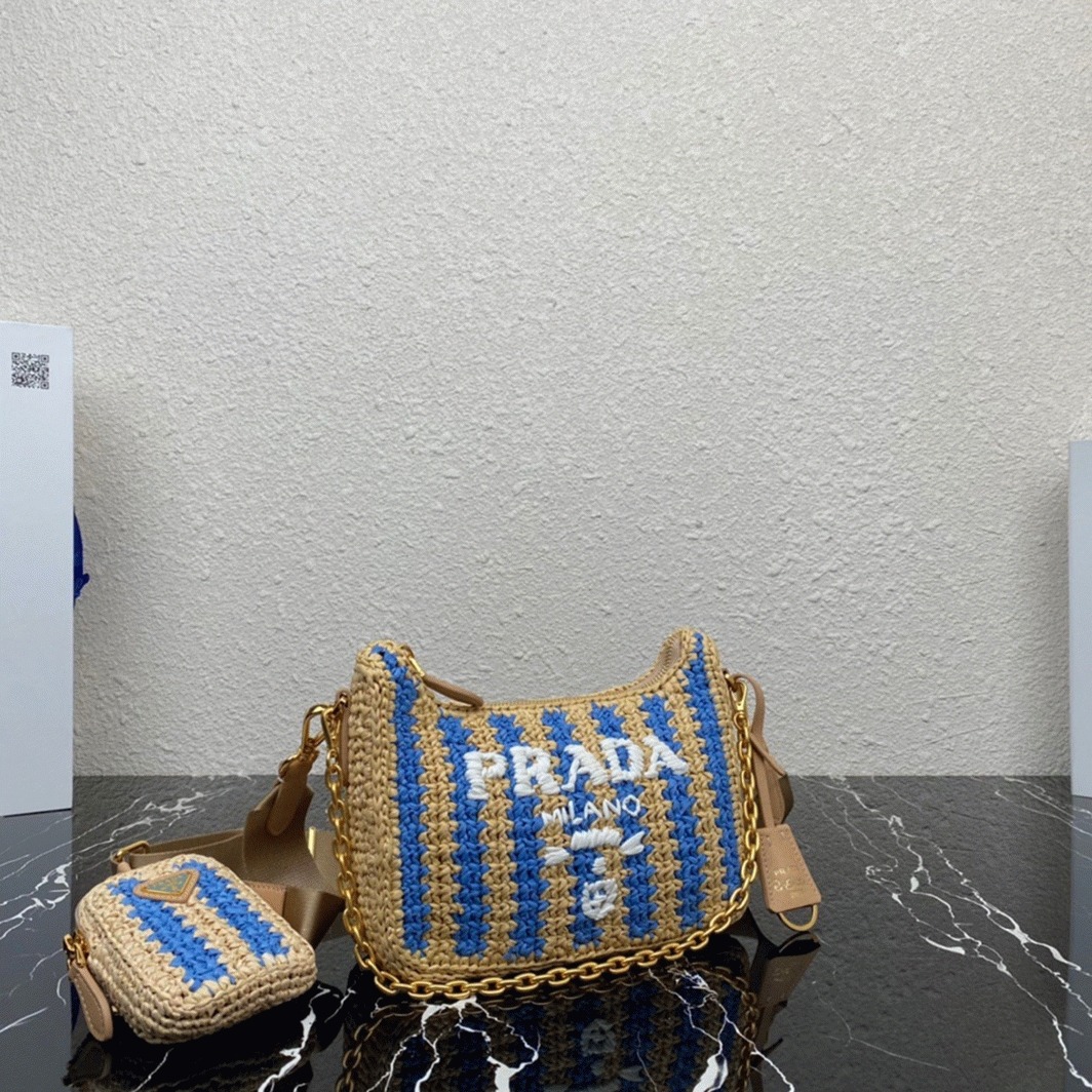 Pra*a Re-Edition Bag Fake in Beige and Blue Stripe