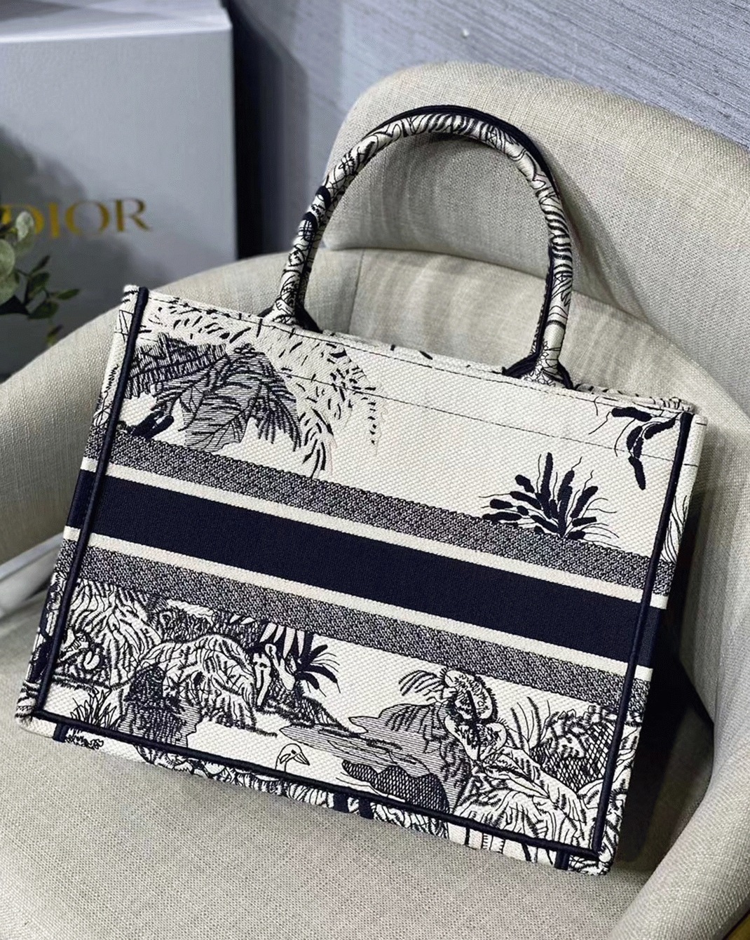 D10r Medium Book Tote Bag Fake in Blue Toile de Jouy Palms Embroidery