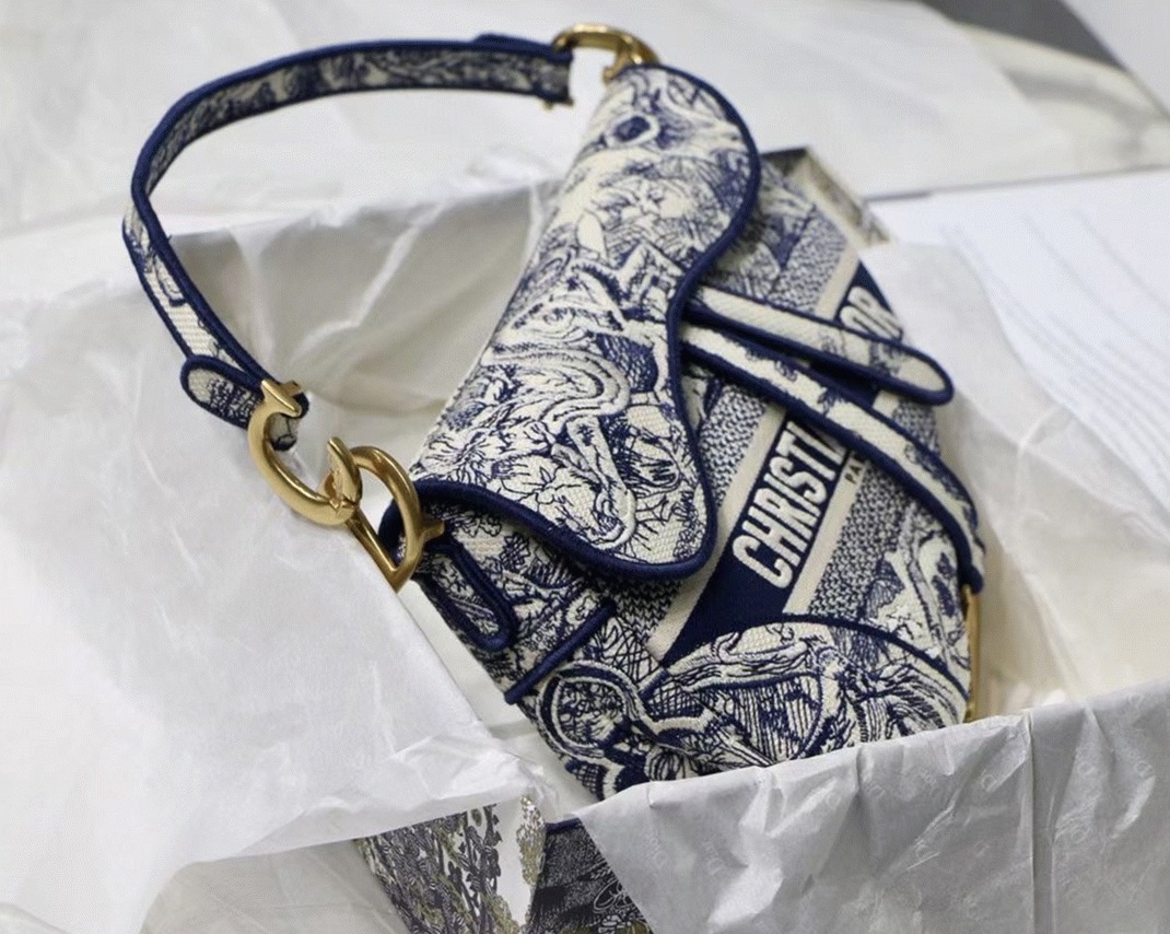 D10r Saddle Bag Replica in Blue Toile de Jouy Embroidery