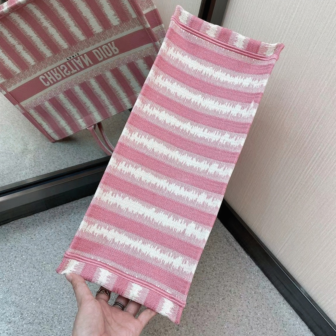 D10r Large Book Tote Bag Replica in Pink Stripes Embroidery