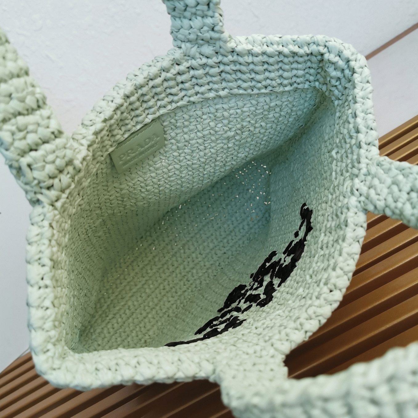 Pra*a Small Crochet Tote Bag Replica in Aqua Raffia-effect Yarn
