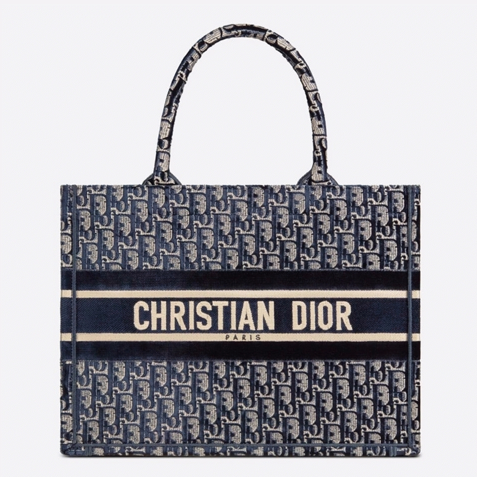 D10r Medium Book Tote Bag Knockoff in Blue Velvet Oblique Embroidered