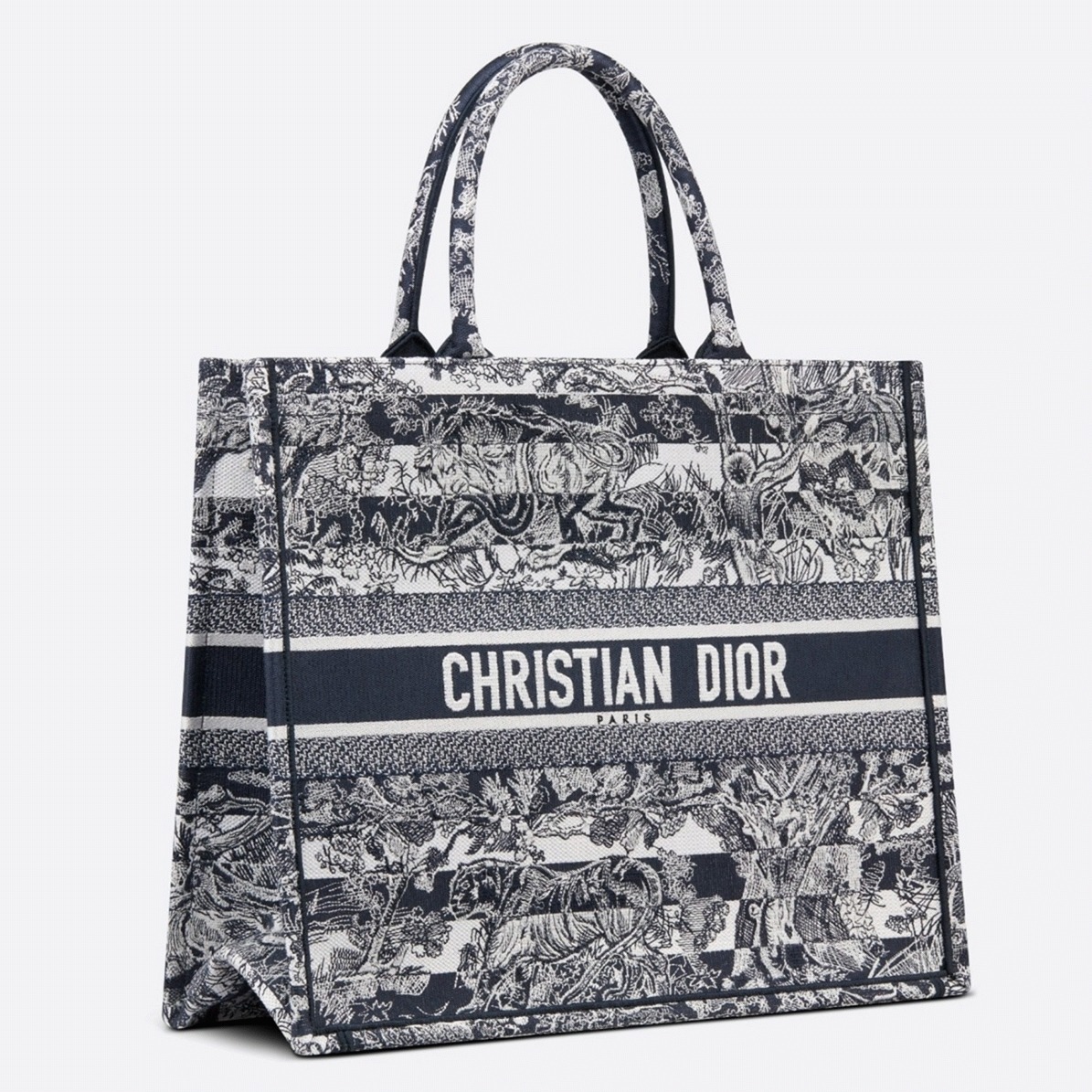 D10r Large Book Tote Bag Fake in Blue Toile de Jouy Stripes Embroidery