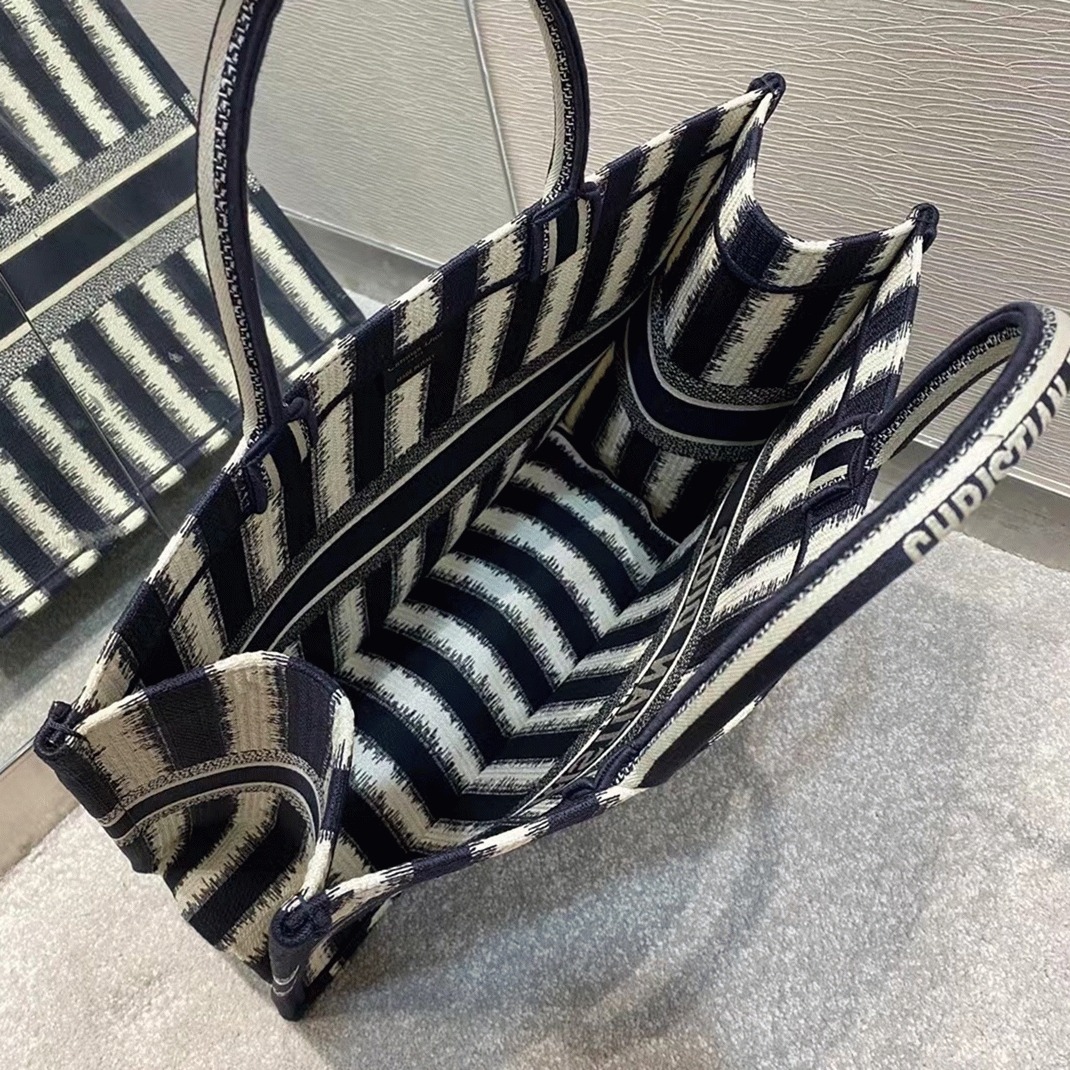 D10r Large Book Tote Bag Replica in Blue Stripes Embroidery