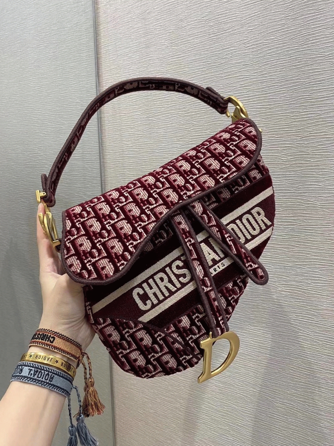 D10r Saddle Bag Faux in Bordeaux Velvet Oblique Embroidered