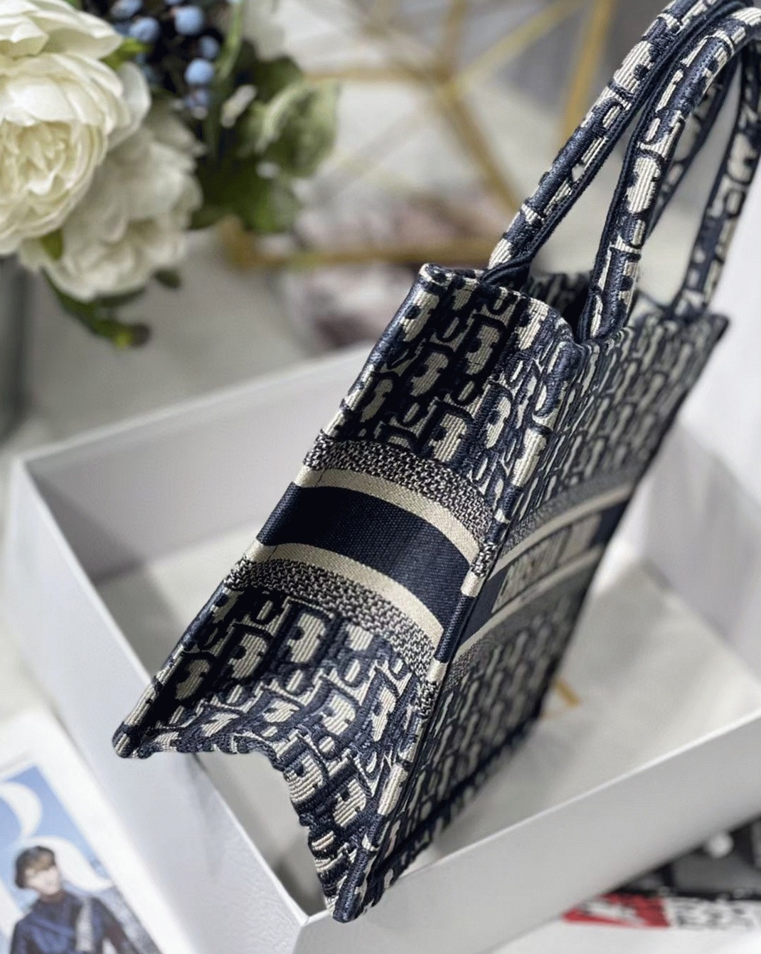 D10r Small Book Tote Bag Replica in Blue D10r Oblique Embroidery