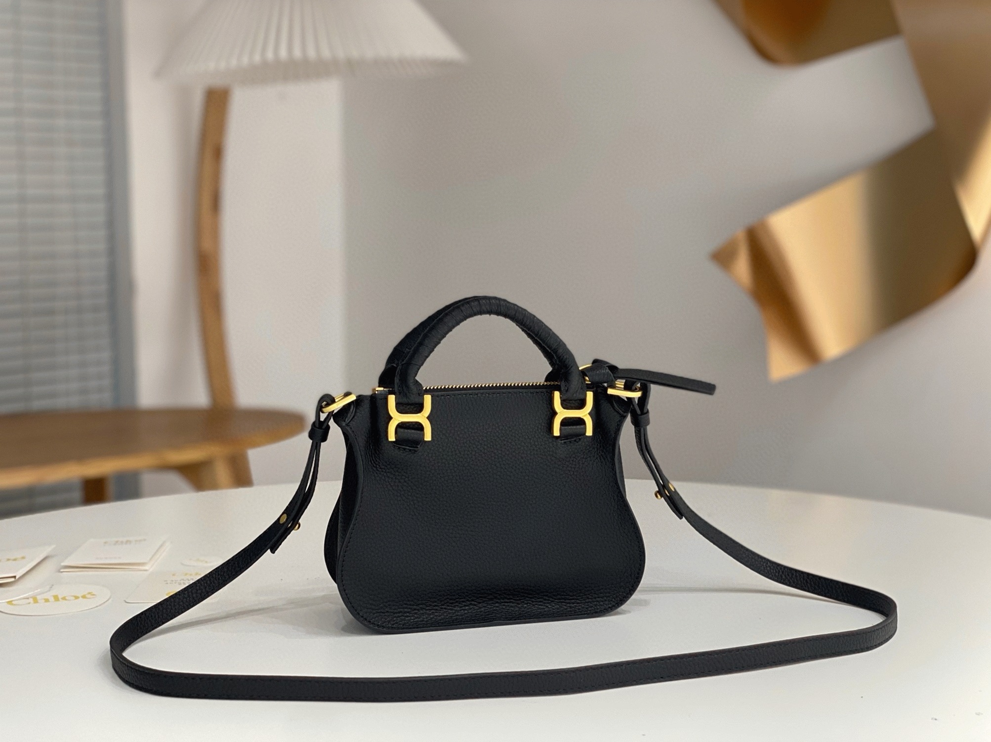top quality knockoff Ch10e marcie mini double carry bag in black grained leather