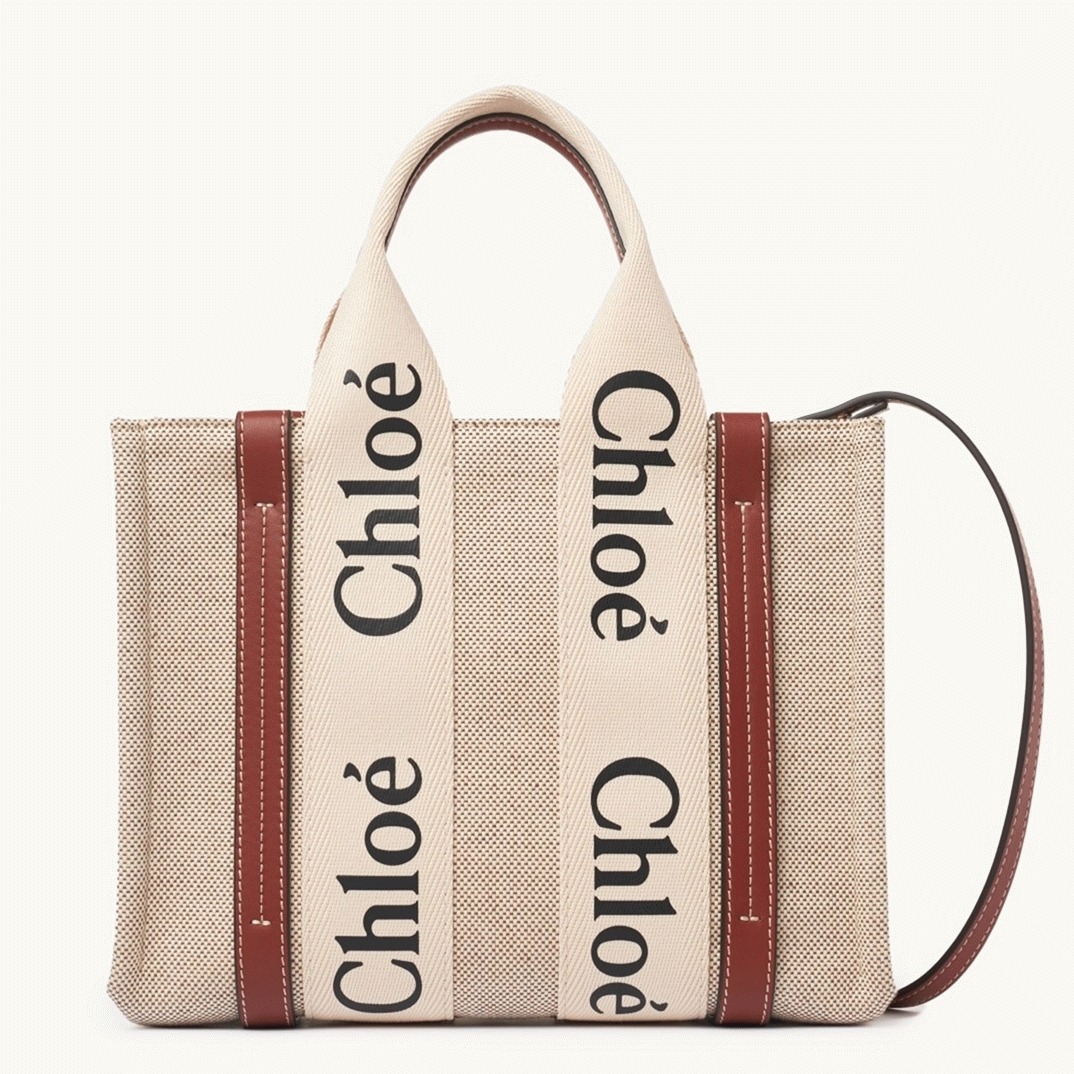 top quality knockoff Ch10e small woody tote bag in canvas with brown leather strips