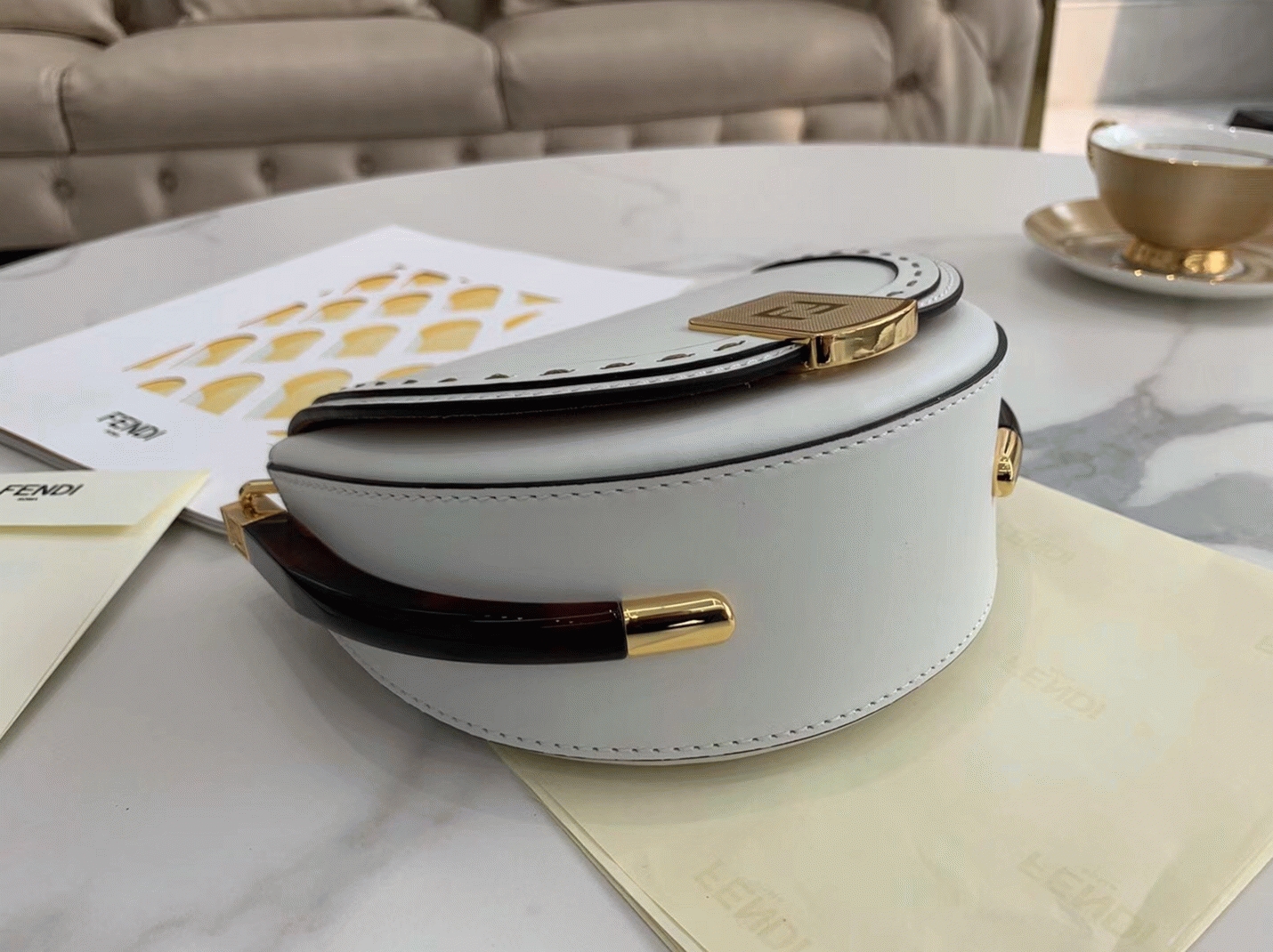 Top Quality Faux F**di Moonlight Saddle Bag In White Calfskin