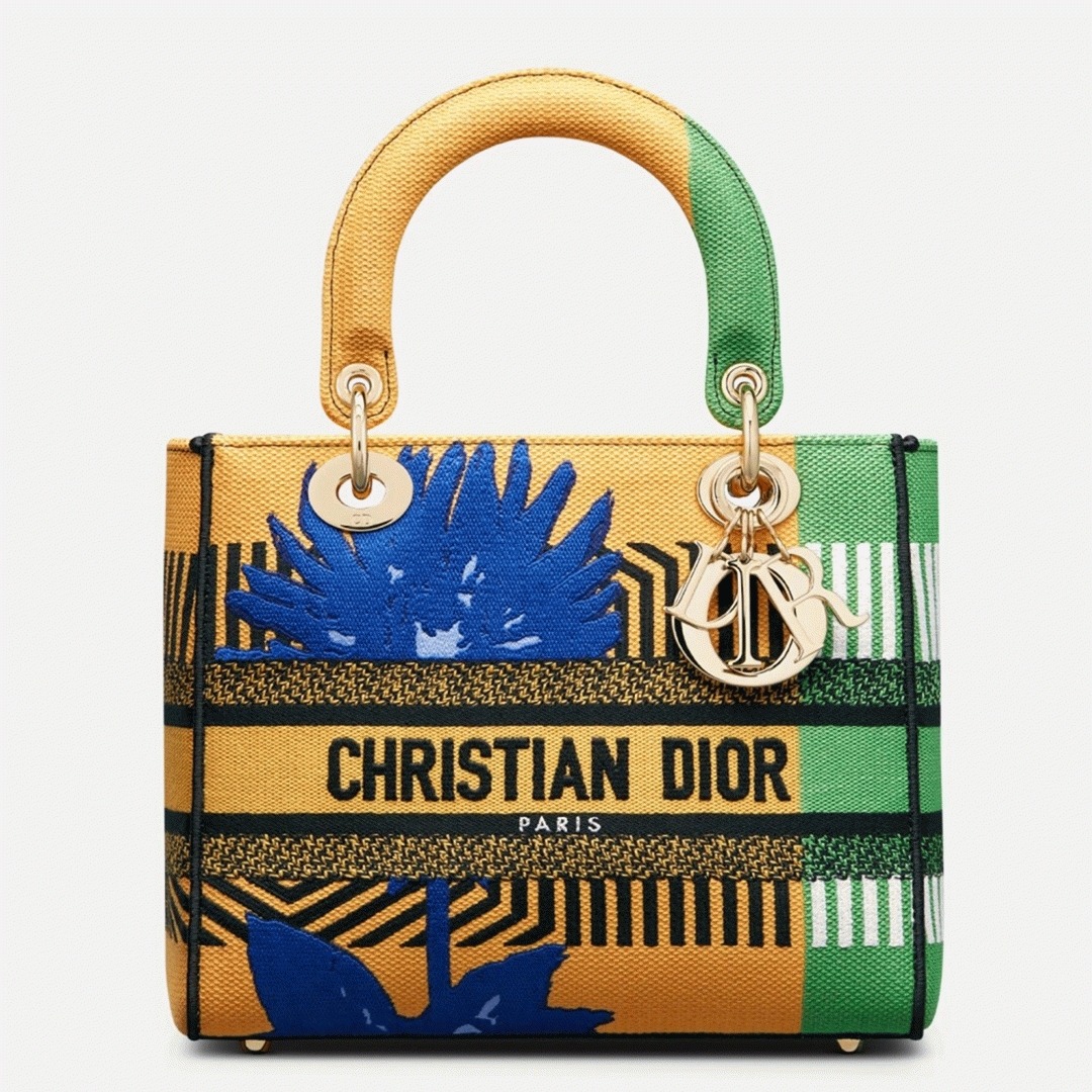 D10r Lady D-Lite Medium Bag Fake in Yellow   Green D-Flower Pop Embroidery