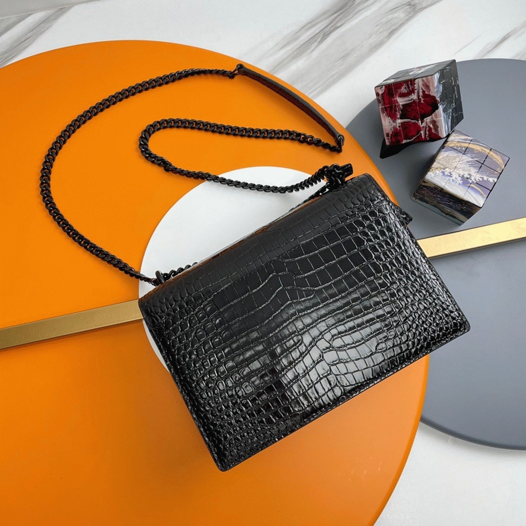 Fake Sa1nt Lau*nt Sunset Medium All Black Chain Bag Crocodile-embossed Leather